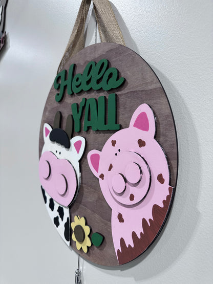 Door Hanger - Hello Y'all - Cow and Pig