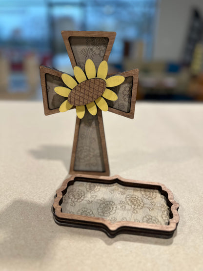 Wood Cross with Floral Accent and Matching Trinket Tray