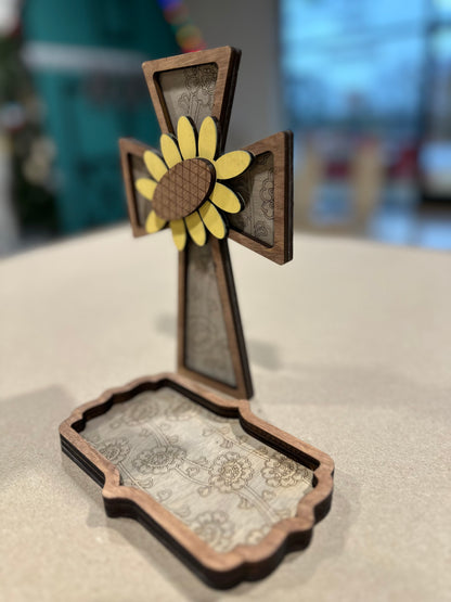 Wood Cross with Floral Accent and Matching Trinket Tray